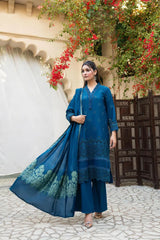 MIRAKHI-3PC LAWN CHIKENKARI EMBROIDERED SHIRT WITH LAWN JACQUARD PRINT DUPATTA-GM-5600