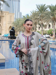 GM-3PC KARANDI PRINTED EMBROIDERED SHIRT WITH KARANDI PRINTED EMB SHAWL & PRINTED TROUSER-GM-