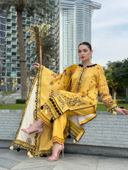 GM-3PC KARANDI PRINTED EMBROIDERED SHIRT WITH KARANDI PRINTED EMB SHAWL & PRINTED TROUSER-GM-
