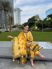 GM-3PC KARANDI PRINTED EMBROIDERED SHIRT WITH KARANDI PRINTED EMB SHAWL & PRINTED TROUSER-GM-