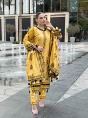 GM-3PC KARANDI PRINTED EMBROIDERED SHIRT WITH KARANDI PRINTED EMB SHAWL & PRINTED TROUSER-GM-