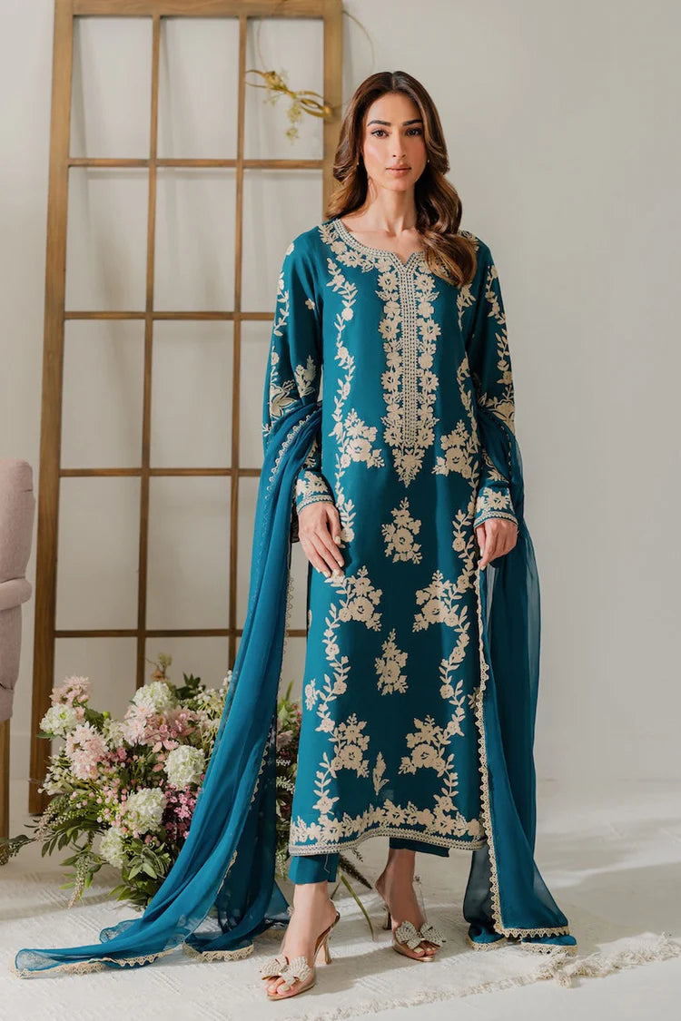 VINTAGE-3PC DHANAK EMBROIDERED SHIRT WITH BAMBER CHIFFON DUPATTA AND TROUSER-GM-4245