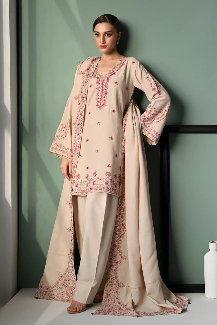ZAIB-3PC DHANAK EMBROIDERED SHIRT WITH DHANAK EMBROIDERED SHAWL AND TROUSER-GM-4352