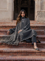IZEL-3PC DHANAK EMBROIDERED SHIRT WITH COURTRAI PRINTED SHAWL & TROUSER-GM-4359