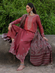 IZEL-3PC DHANAK EMBROIDERED SHIRT WITH COURTRAI PRINTED SHAWL & TROUSER-GM-4356