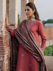 IZEL-3PC DHANAK EMBROIDERED SHIRT WITH COURTRAI PRINTED SHAWL & TROUSER-GM-4356