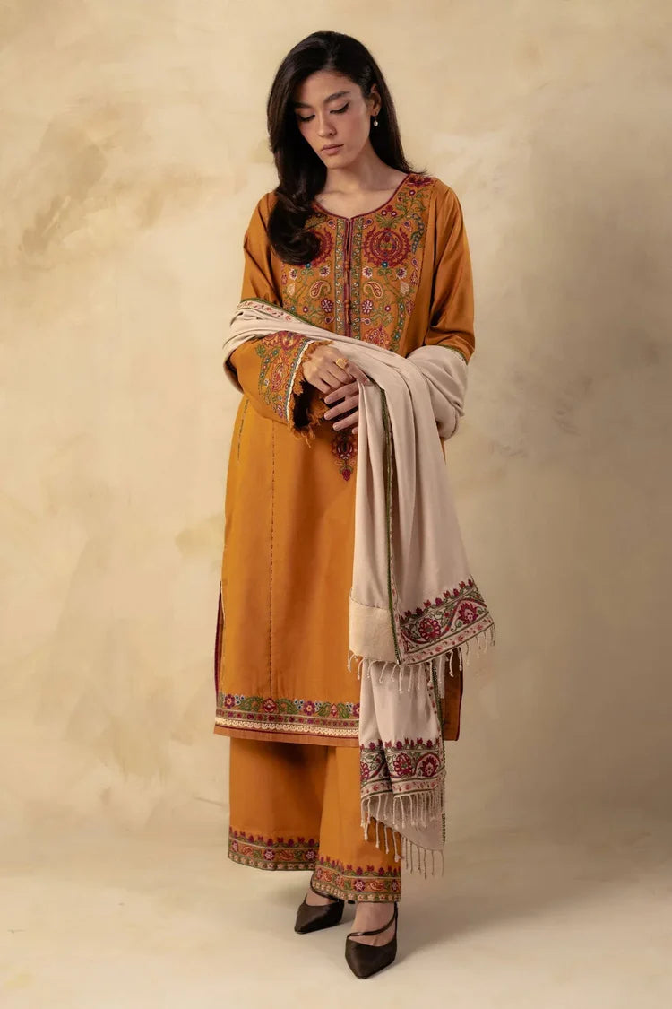 ZARA SHAH JAHAN-3PC DHANAK EMBROIDERED SHIRT WITH DHANAK EMBROIDERED SHAWL AND EMB TROUSER -GM-4009