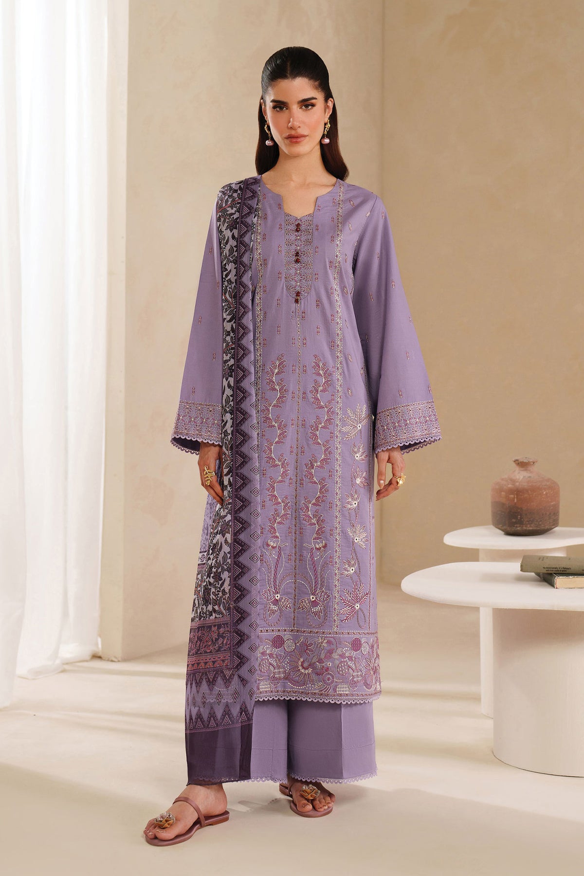 GARNET-3PC DHANAK EMBROIDERED SHIRT WITH COURTRAI PRINTED SHAWL AND TROUSER-GM-4295