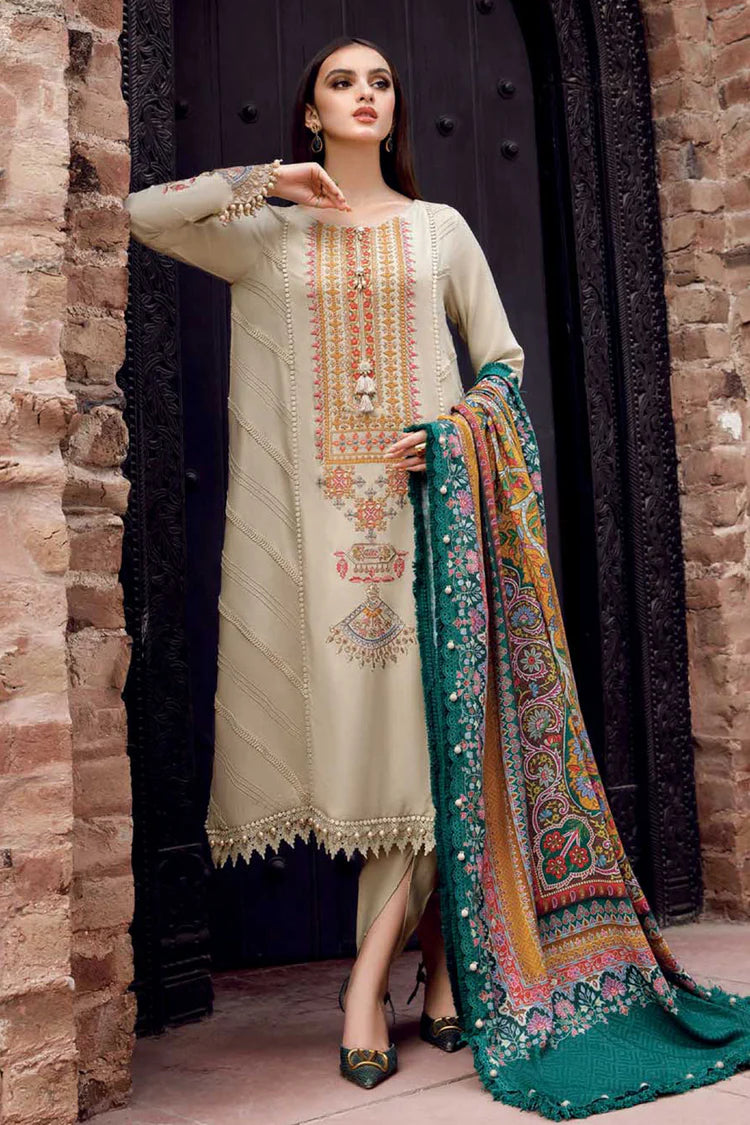 MARIA.B-3PC DHANAK EMBROIDERED SHIRT WITH COUTRAI PRINTED SHAWL AND TROUSER-GM-4030