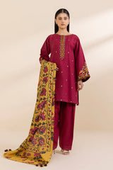 SAPPHIRE-3PC KHADDAR EMBROIDERED SHIRT WITH COURTRAI PRINTED SHAWL AND TROUSER-GM-3373
