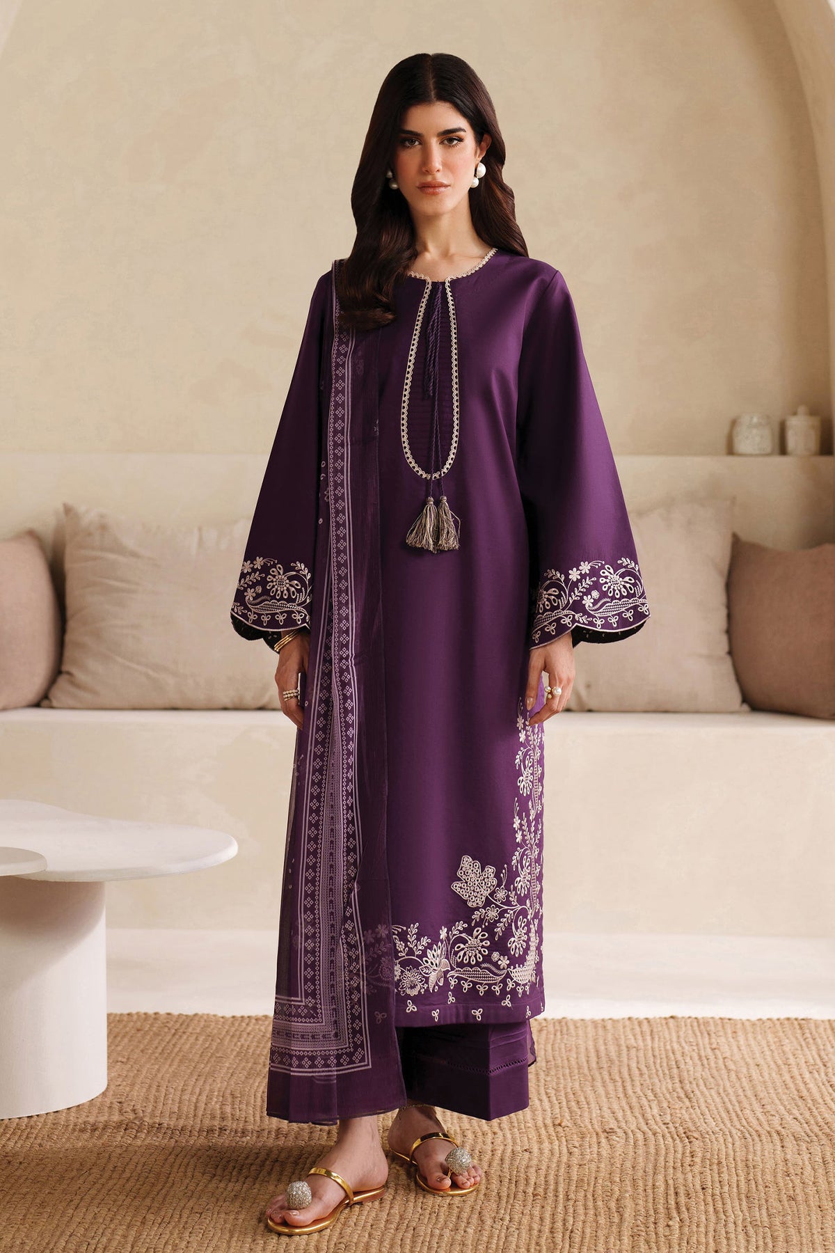 GARNET-3PC DHANAK EMBROIDERED SHIRT WITH COURTRAI PRINTED SHAWL AND TROUSER-GM-4305