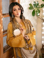 IZEL-3PC DHANAK EMBROIDERED SHIRT WITH COURTRAI PRINTED SHAWL & TROUSER-GM-4372