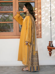 IZEL-3PC DHANAK EMBROIDERED SHIRT WITH COURTRAI PRINTED SHAWL & TROUSER-GM-4372