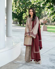 BAROQUE-3PC KHADDAR EMBROIDERED SHIRT WITH KHADDAR EMBROIDERED SHAWL AND EMB TROUSER-GM-4320