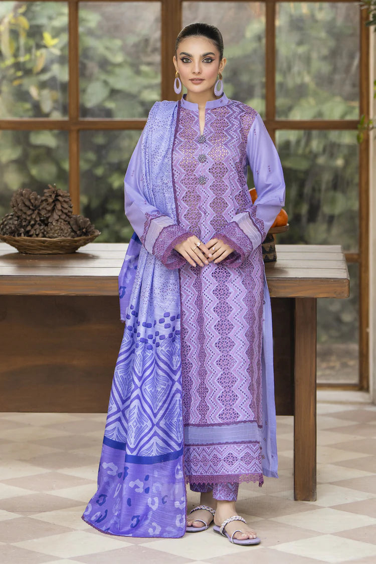 MIRAKHI-3PC LAWN LASERCUT EMBROIDERED SHIRT WITH MOARK PRINT DUPATTA-GM-VOL-1- PLUM