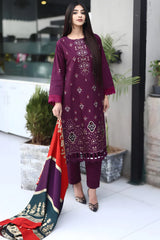 GM-3PC KHADDAR CUTWORK EMBROIDERED SHIRT WITH KASHMIRI JACQUARD WOOL SHAWL-GM-1550